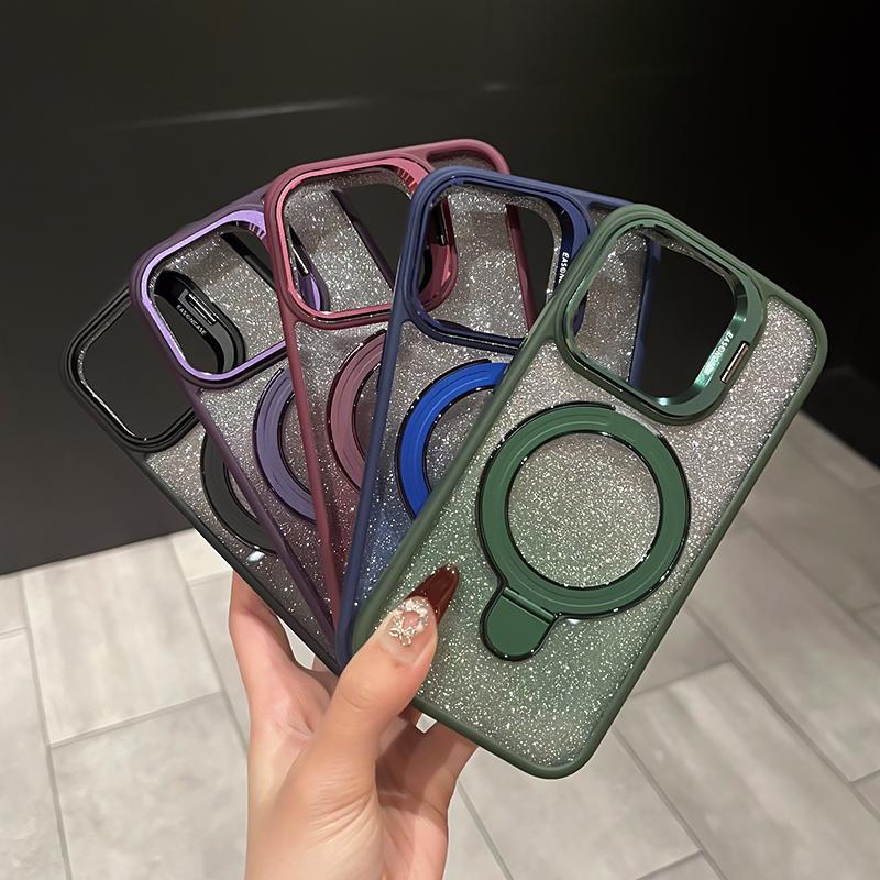 iPhone Anti-Yellowing Frame Bracket Glitter Magnetic Phone Case With Rotating Bracket