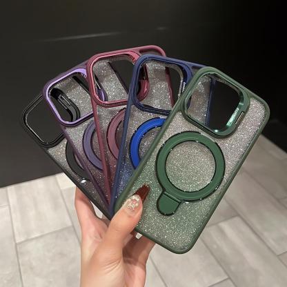 iPhone Anti-Yellowing Frame Bracket Glitter Magnetic Phone Case With Rotating Bracket