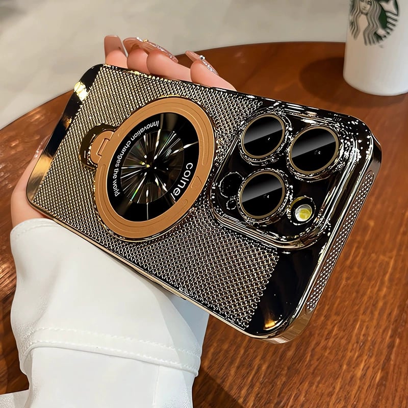 iPhone Electroplated Heat Dissipation and Breathable Phone Case With 360° Rotating Magnetic Bracket 