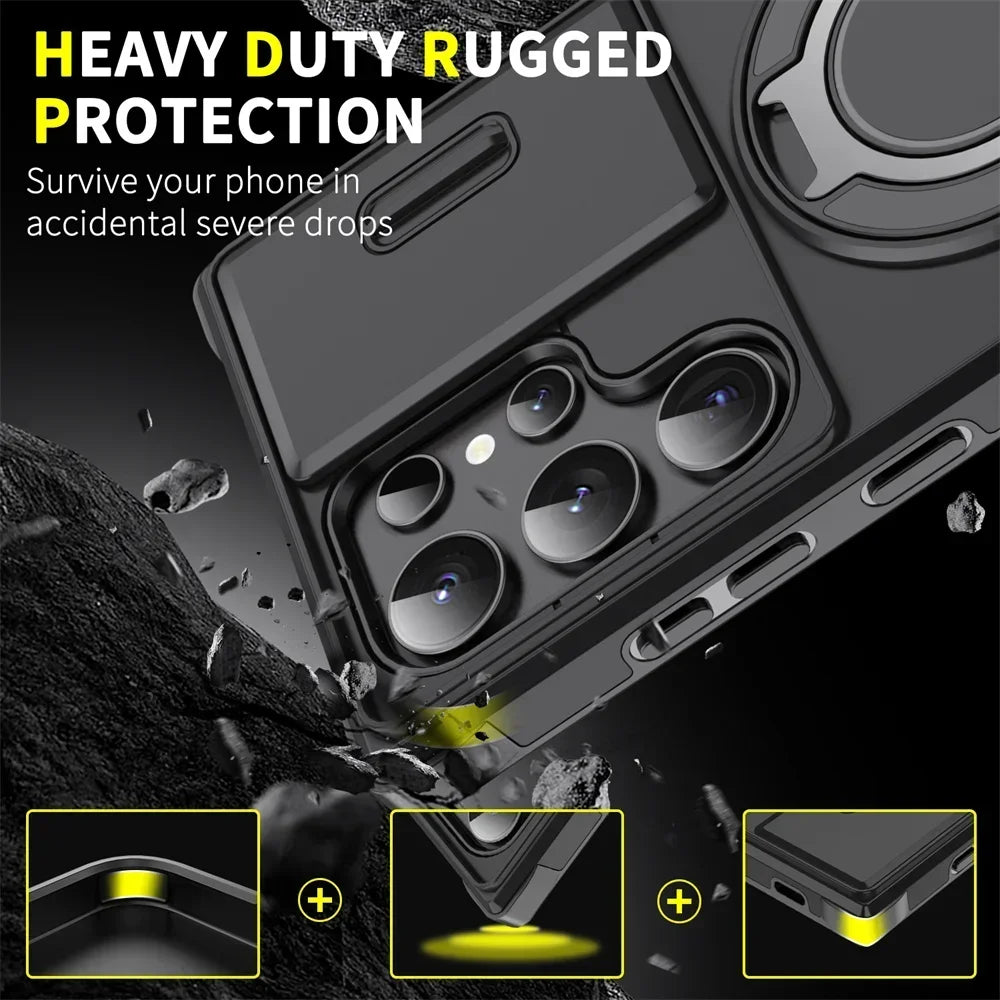 New Slide Camera Protection Magnetic Stand Phone Case for Samsung S25 ~ S21 Ultra