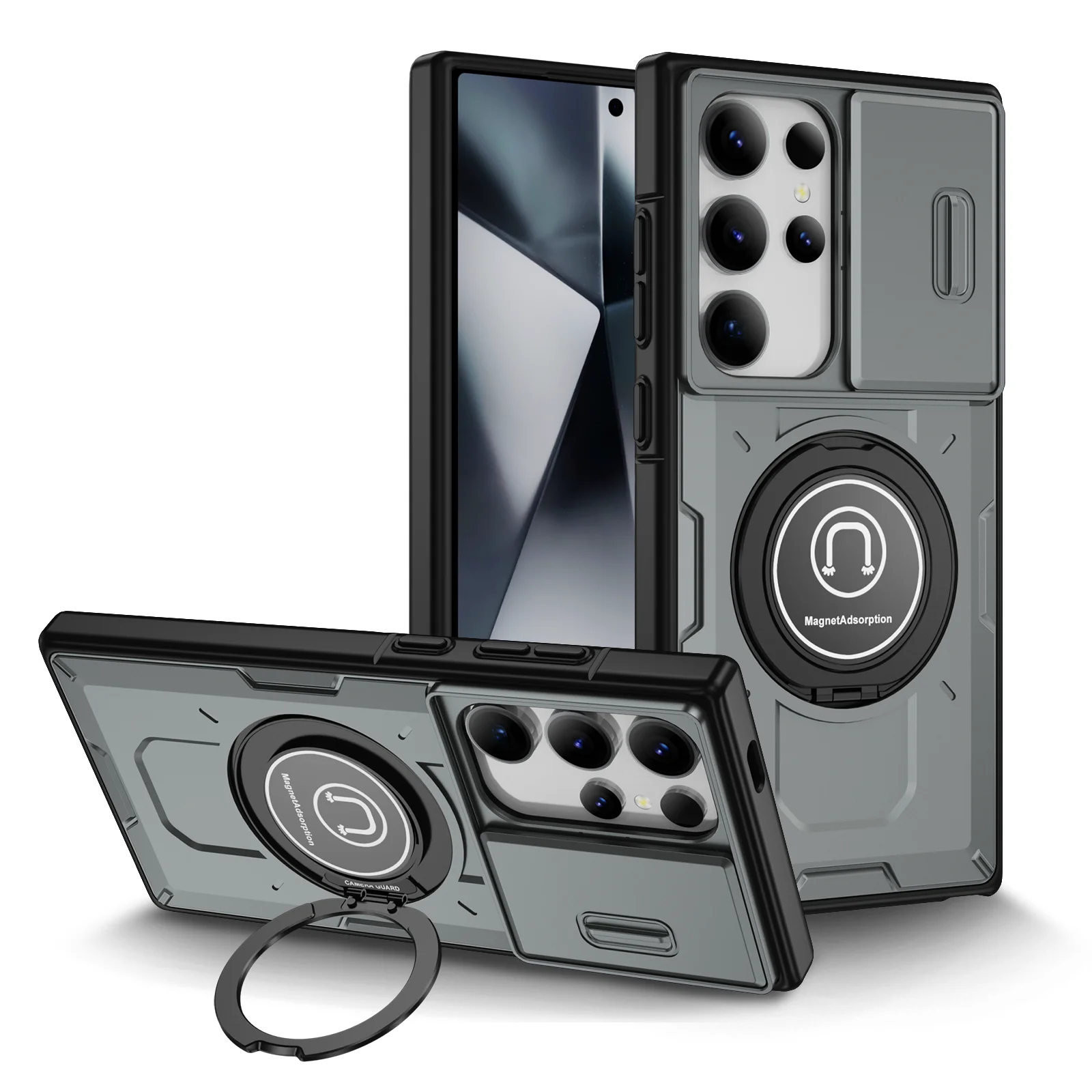 Samsung Galaxy S24 S23 Plus Ultra S22 Case Matte Skin-Friendly Magnetic Rotating Ring Holder Sliding Window Lens Back Cover