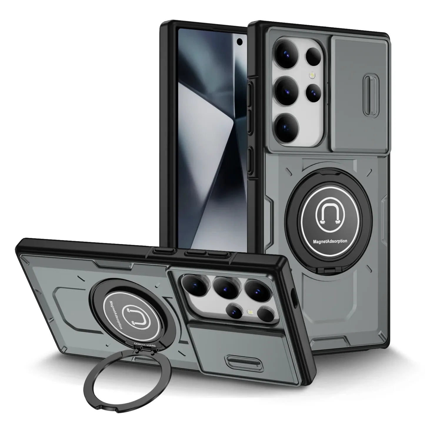Samsung Galaxy S24 S23 Plus Ultra S22 Case Matte Skin-Friendly Magnetic Rotating Ring Holder Sliding Window Lens Back Cover