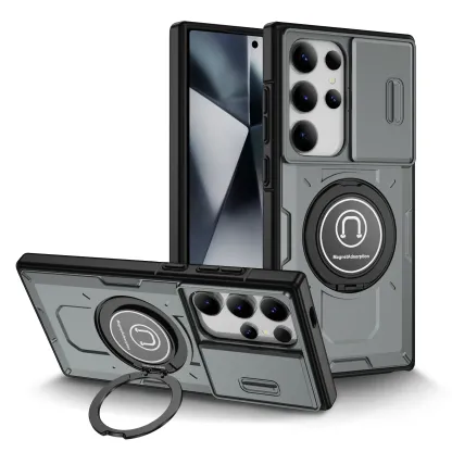 Samsung Galaxy S24 S23 Plus Ultra S22 Case Matte Skin-Friendly Magnetic Rotating Ring Holder Sliding Window Lens Back Cover