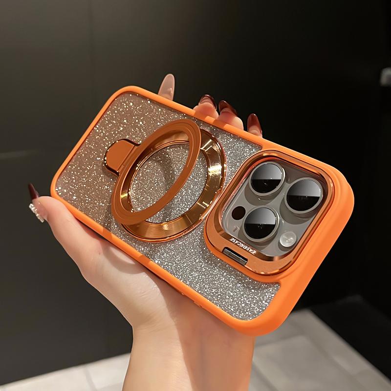 iPhone Anti-Yellowing Frame Bracket Glitter Magnetic Phone Case With Rotating Bracket