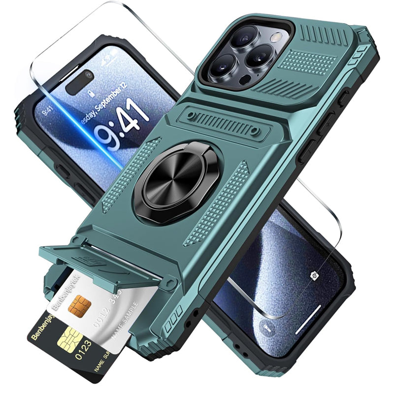 Card Holder & 360° Magnetic Ring Stand Shockproof Phone Case for iPhone 16 ~ 13 series