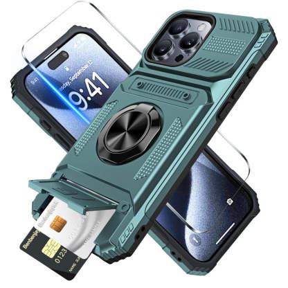 Card Holder & 360° Magnetic Ring Stand Shockproof Phone Case for iPhone 16 ~ 13 series