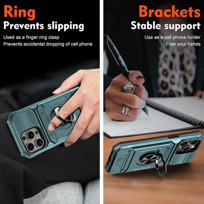Card Holder & 360° Magnetic Ring Stand Shockproof Phone Case for iPhone 16 ~ 13 series
