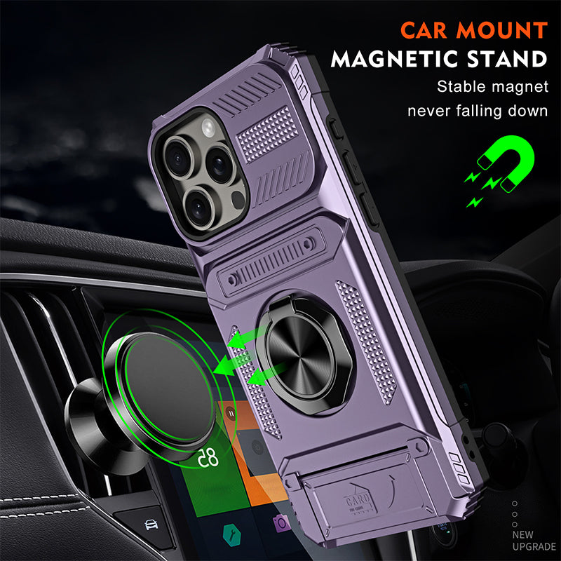 Card Holder & 360° Magnetic Ring Stand Shockproof Phone Case for iPhone 16 ~ 13 series