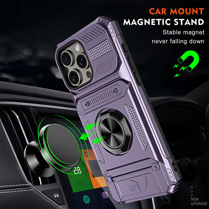 Card Holder & 360° Magnetic Ring Stand Shockproof Phone Case for iPhone 16 ~ 13 series
