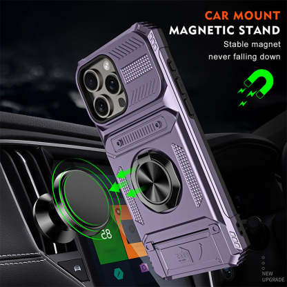 Card Holder & 360° Magnetic Ring Stand Shockproof Phone Case for iPhone 16 ~ 13 series