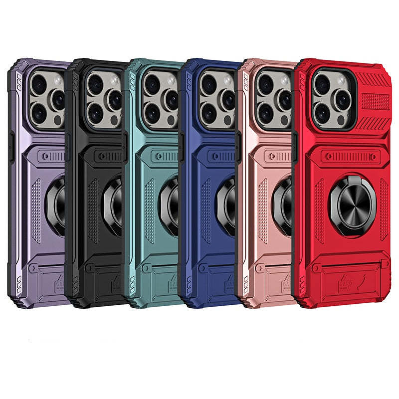 Card Holder & 360° Magnetic Ring Stand Shockproof Phone Case for iPhone 16 ~ 13 series