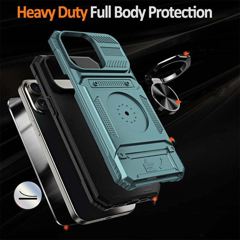 Card Holder & 360° Magnetic Ring Stand Shockproof Phone Case for iPhone 16 ~ 13 series