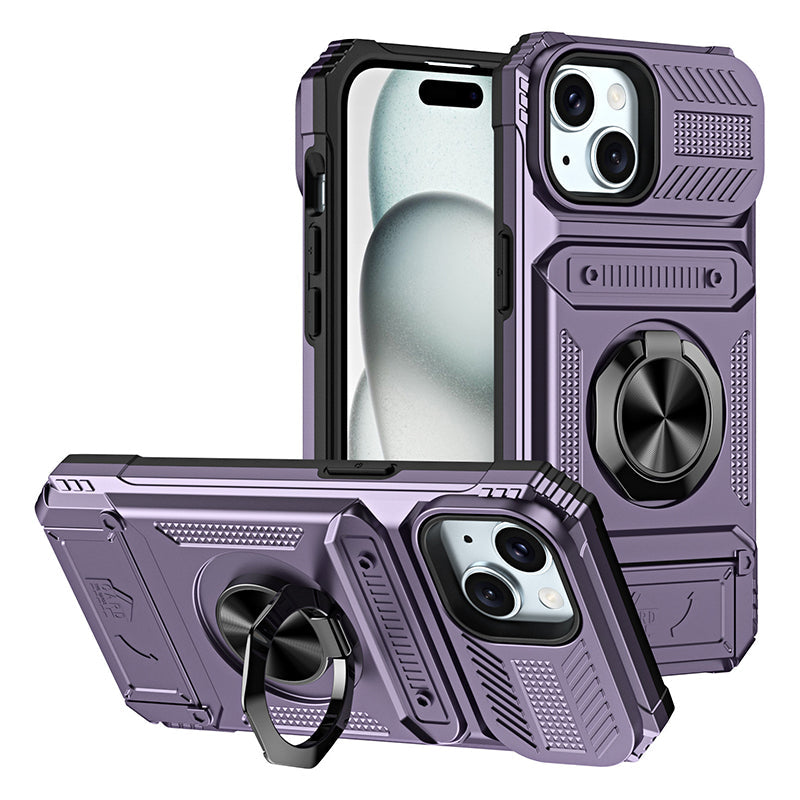 Card Holder & 360° Magnetic Ring Stand Shockproof Phone Case for iPhone 16 ~ 13 series