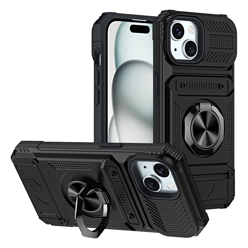 Card Holder & 360° Magnetic Ring Stand Shockproof Phone Case for iPhone 16 ~ 13 series