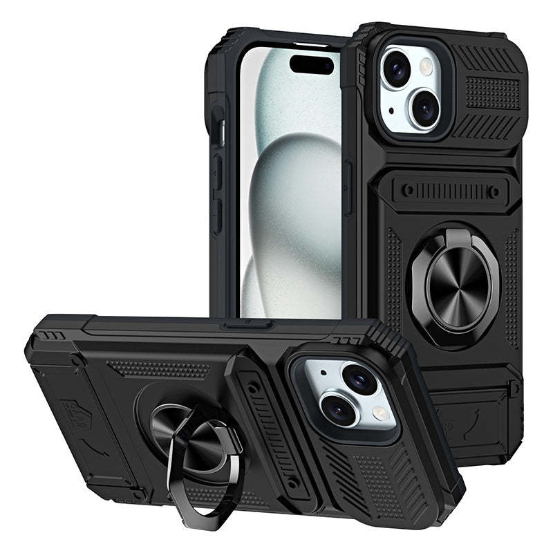 Card Holder & 360° Magnetic Ring Stand Shockproof Phone Case for iPhone 16 ~ 13 series