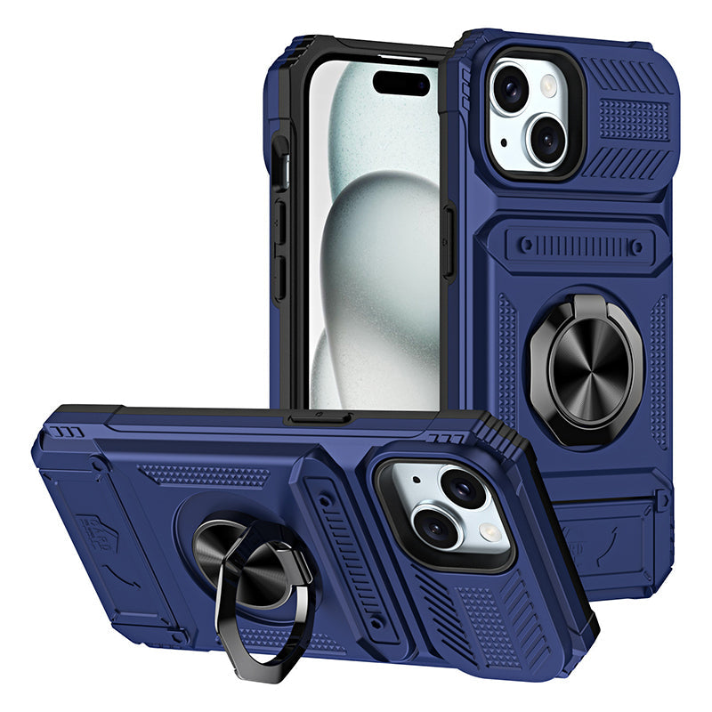 Card Holder & 360° Magnetic Ring Stand Shockproof Phone Case for iPhone 16 ~ 13 series