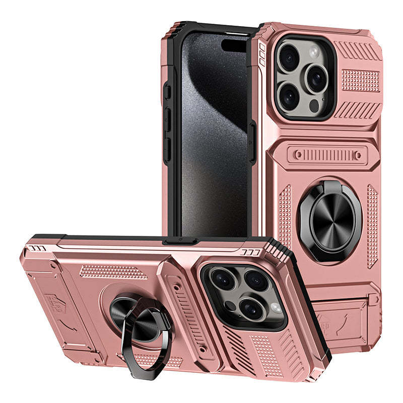 Card Holder & 360° Magnetic Ring Stand Shockproof Phone Case for iPhone 16 ~ 13 series