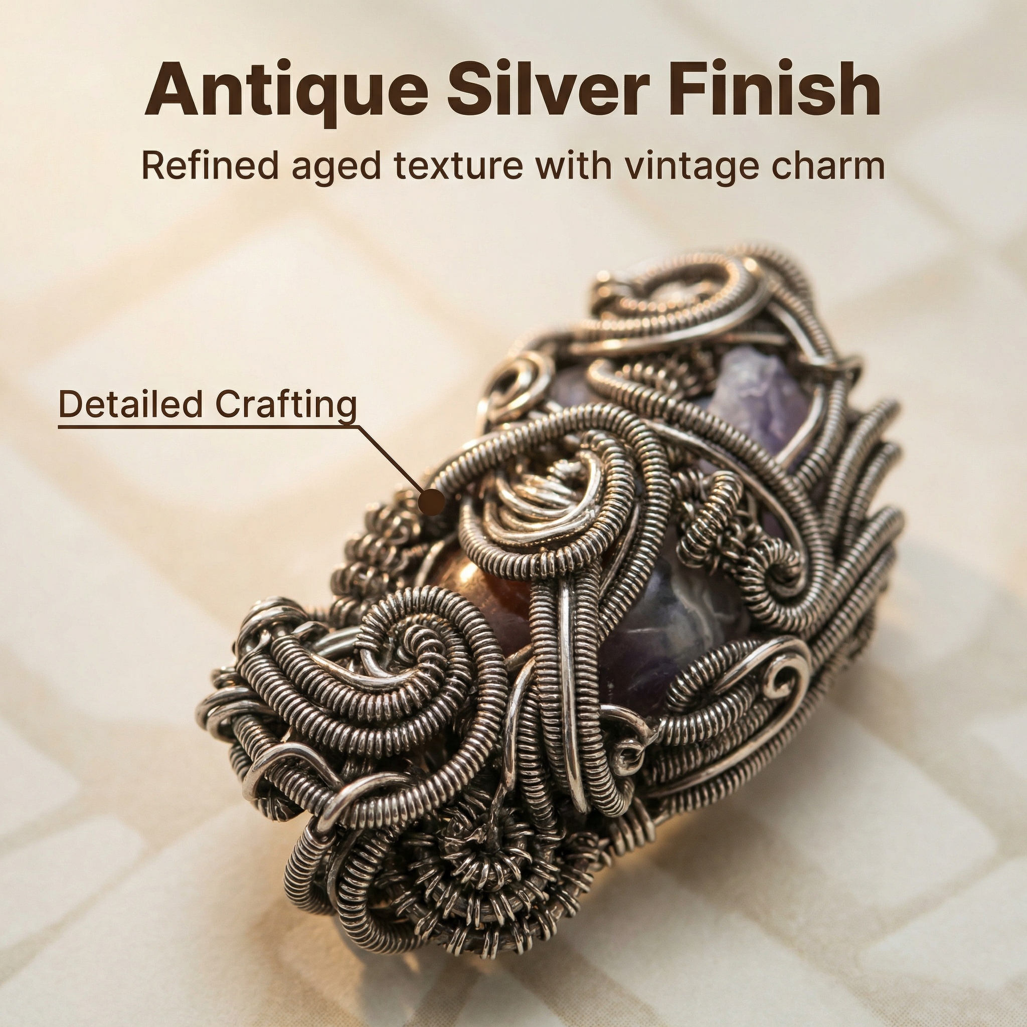 Antique Silver Filigree Wire Wrapped Crystal Pendant - Vintage Floral Elegance