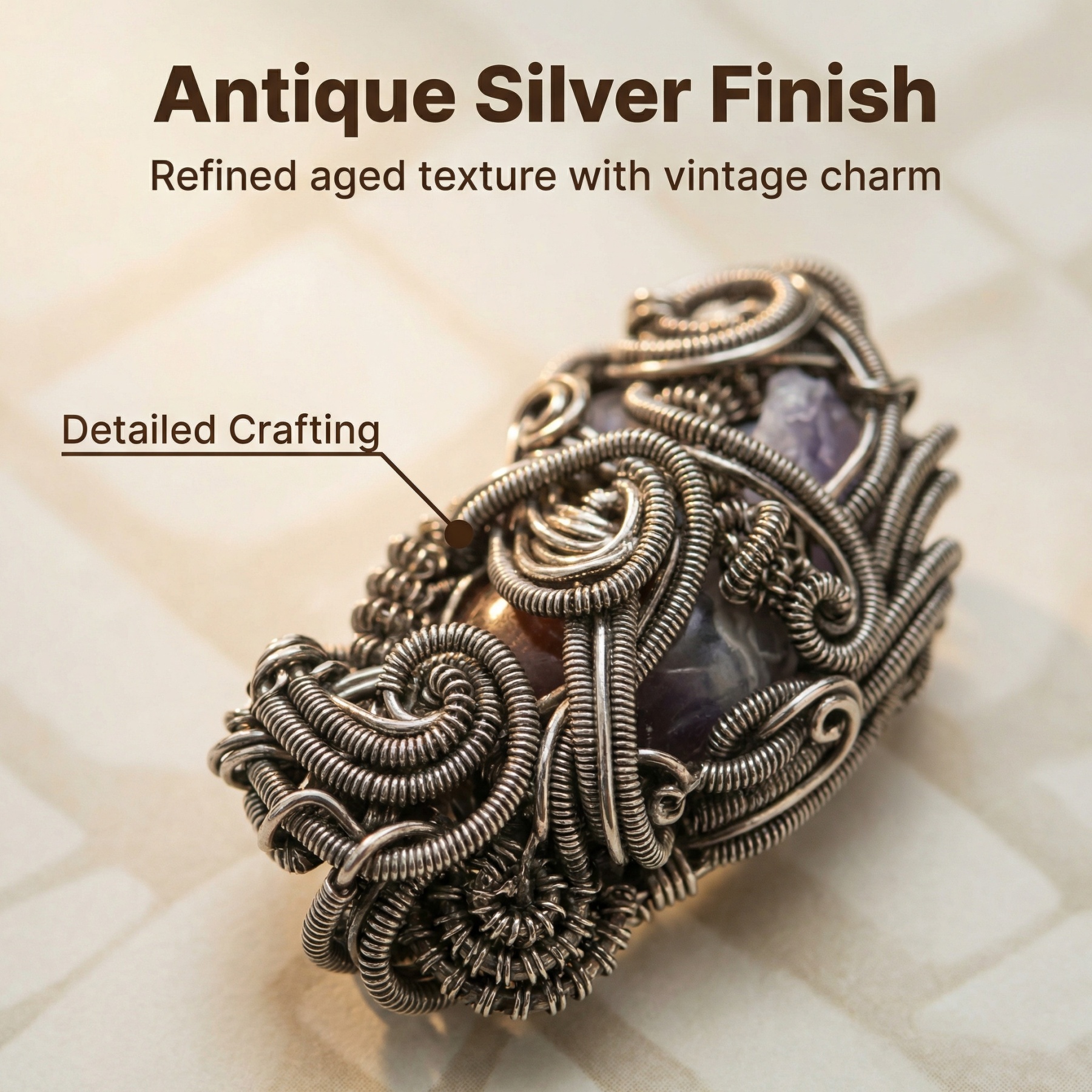 Antique Silver Filigree Wire Wrapped Crystal Pendant - Vintage Floral Elegance