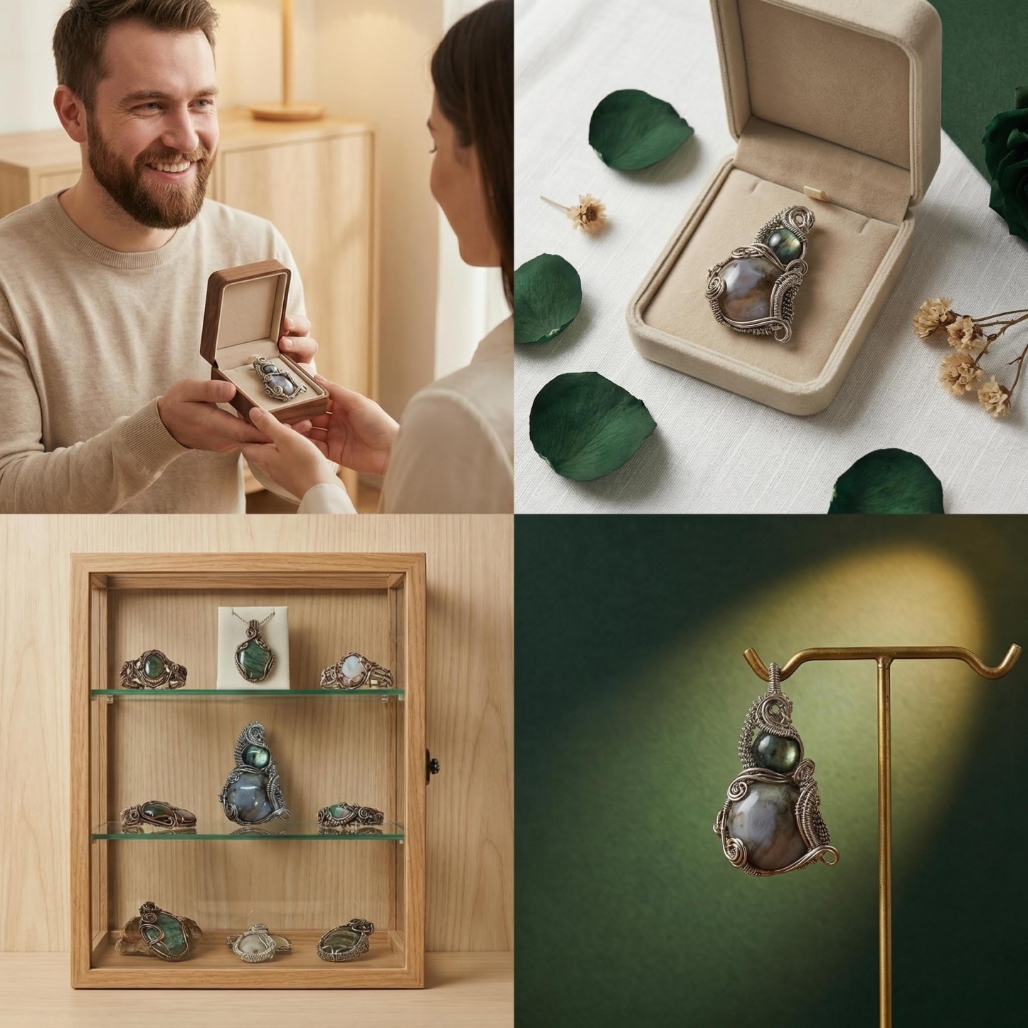 Double Gemstone Pendant with Labradorite & Crystal - Silver Wire Wrap & Unique Texture