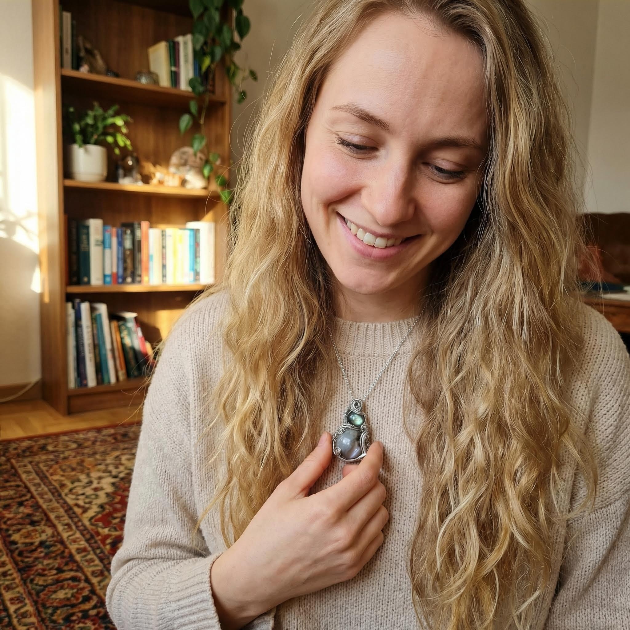 Double Gemstone Pendant with Labradorite & Crystal - Silver Wire Wrap & Unique Texture