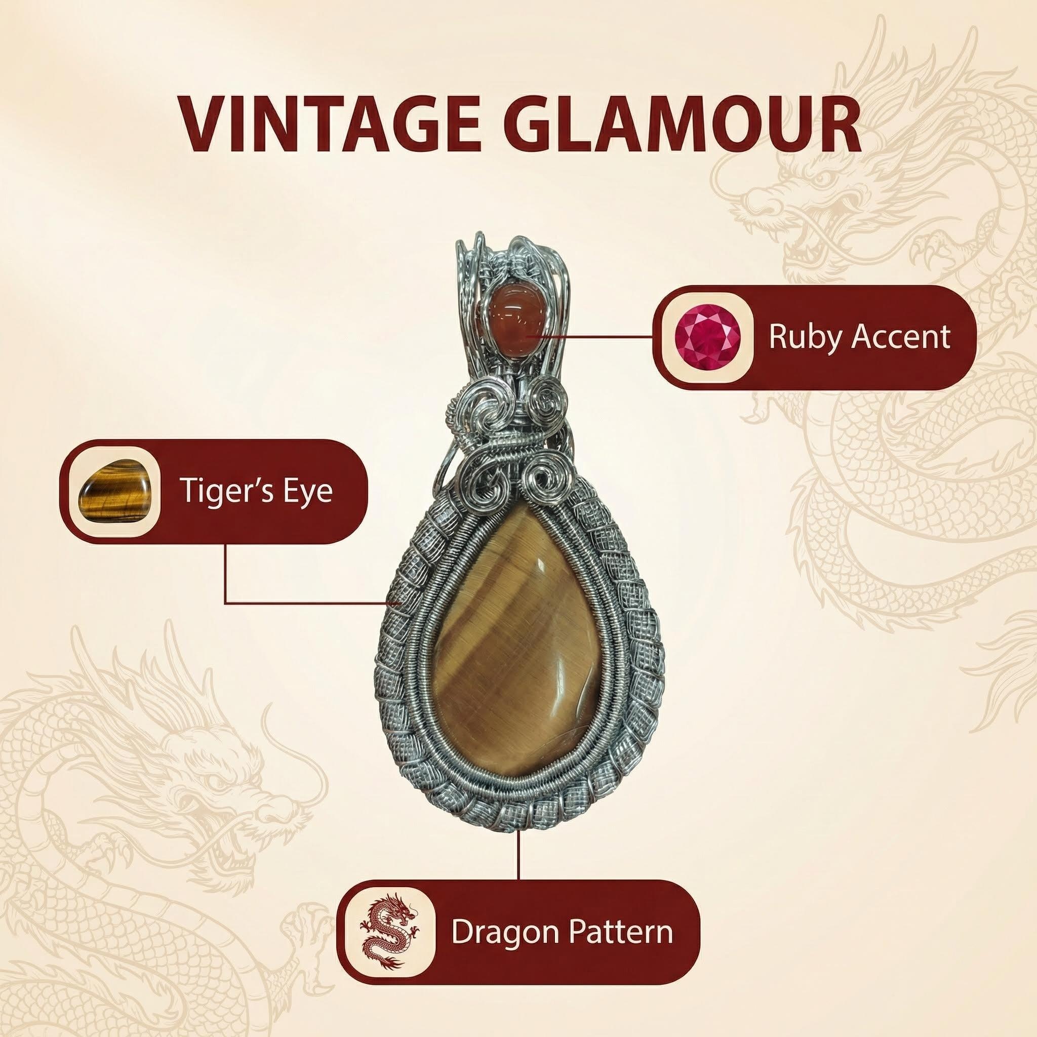 Dragon Pattern Copper Wire Wrapped Tiger‘s Eye Pendant - Ruby Accent & Vintage Glamour
