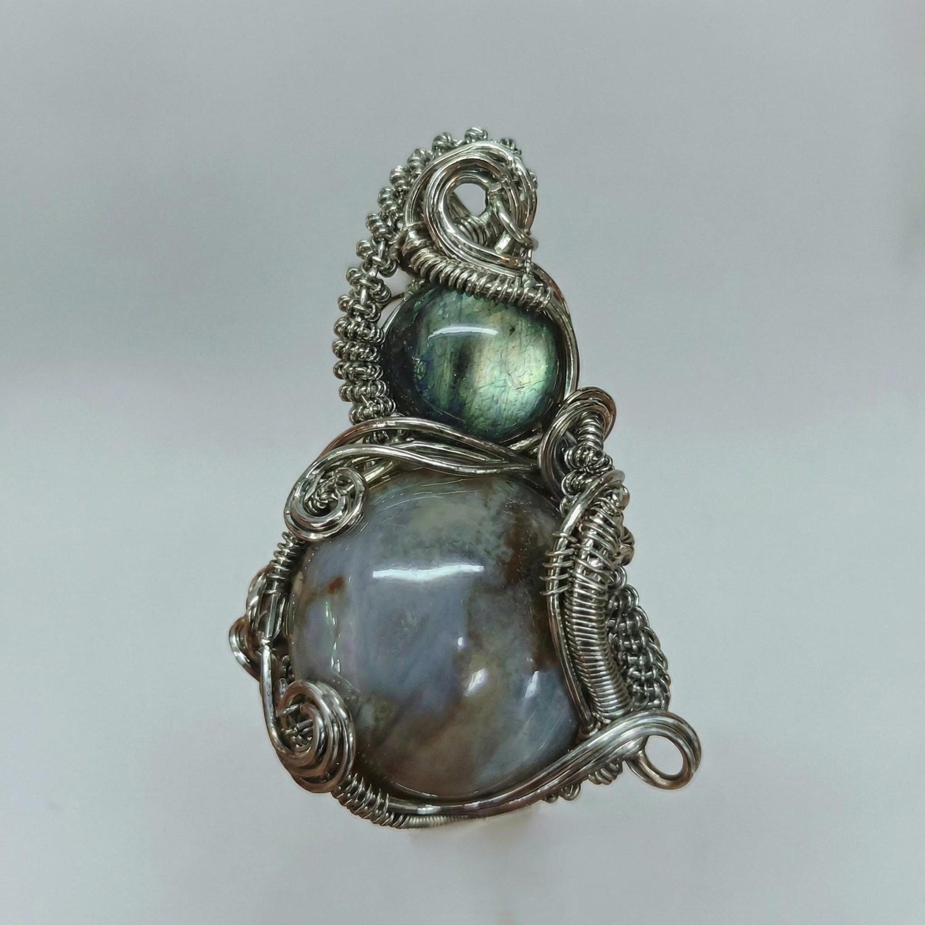 Double Gemstone Pendant with Labradorite & Crystal - Silver Wire Wrap & Unique Texture