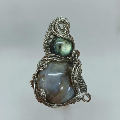 Double Gemstone Pendant with Labradorite & Crystal - Silver Wire Wrap & Unique Texture