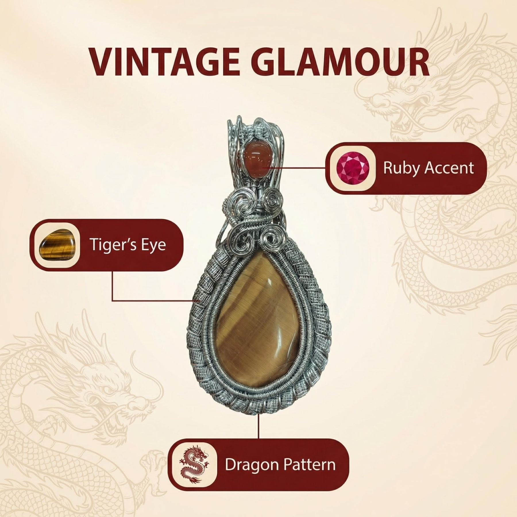 Dragon Pattern Copper Wire Wrapped Tiger‘s Eye Pendant - Ruby Accent & Vintage Glamour