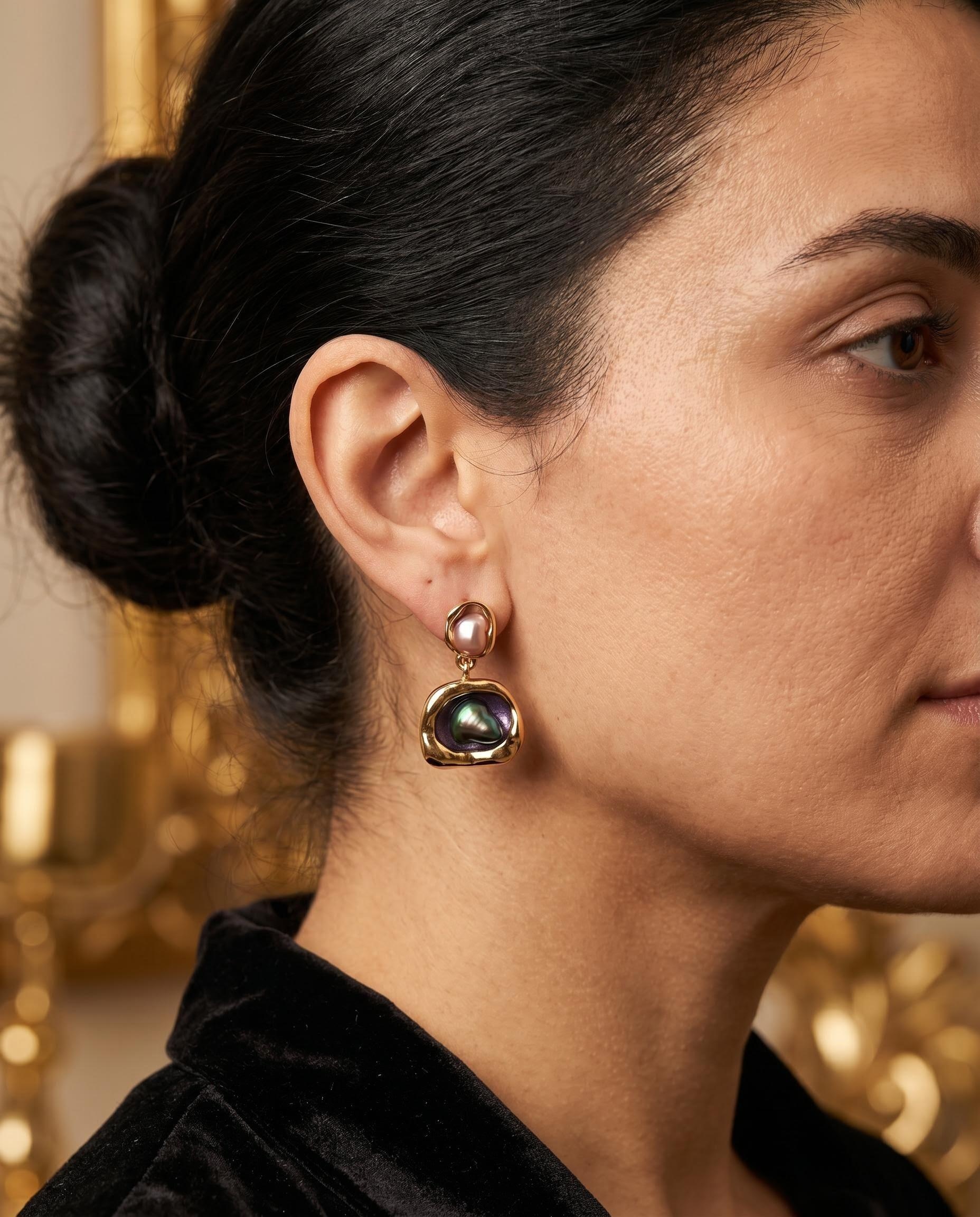 “Eye of the Sun” Hand-Forged Bohemian Tattoo Earrings – Gold with Pearl Tassels
