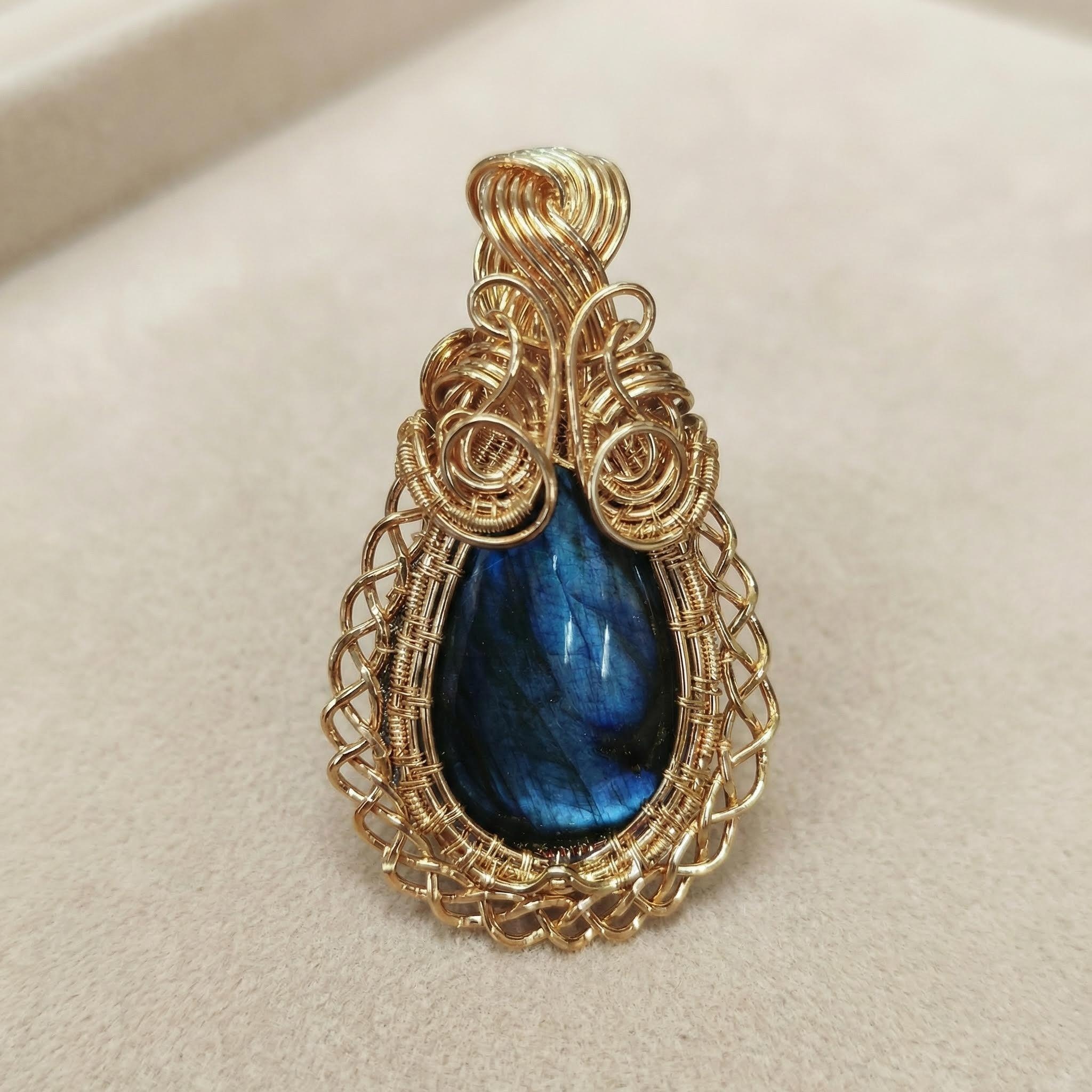 Hand-Wrapped Gold-Plated Copper Wire and Deep Blue Labradorite Pendant - Unique Artisan Craft