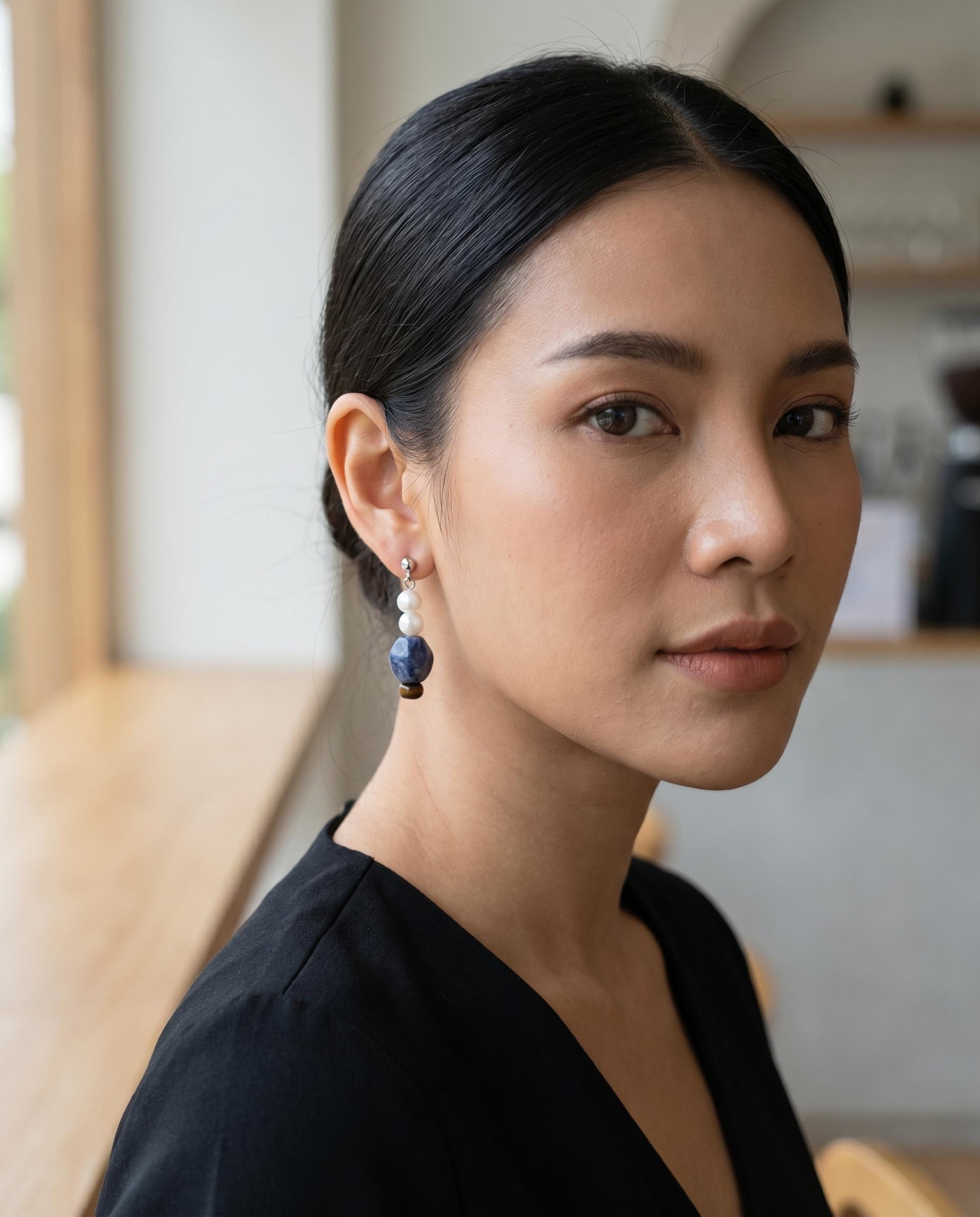 Pearl-Like Blue Stone-Like Drop Earrings