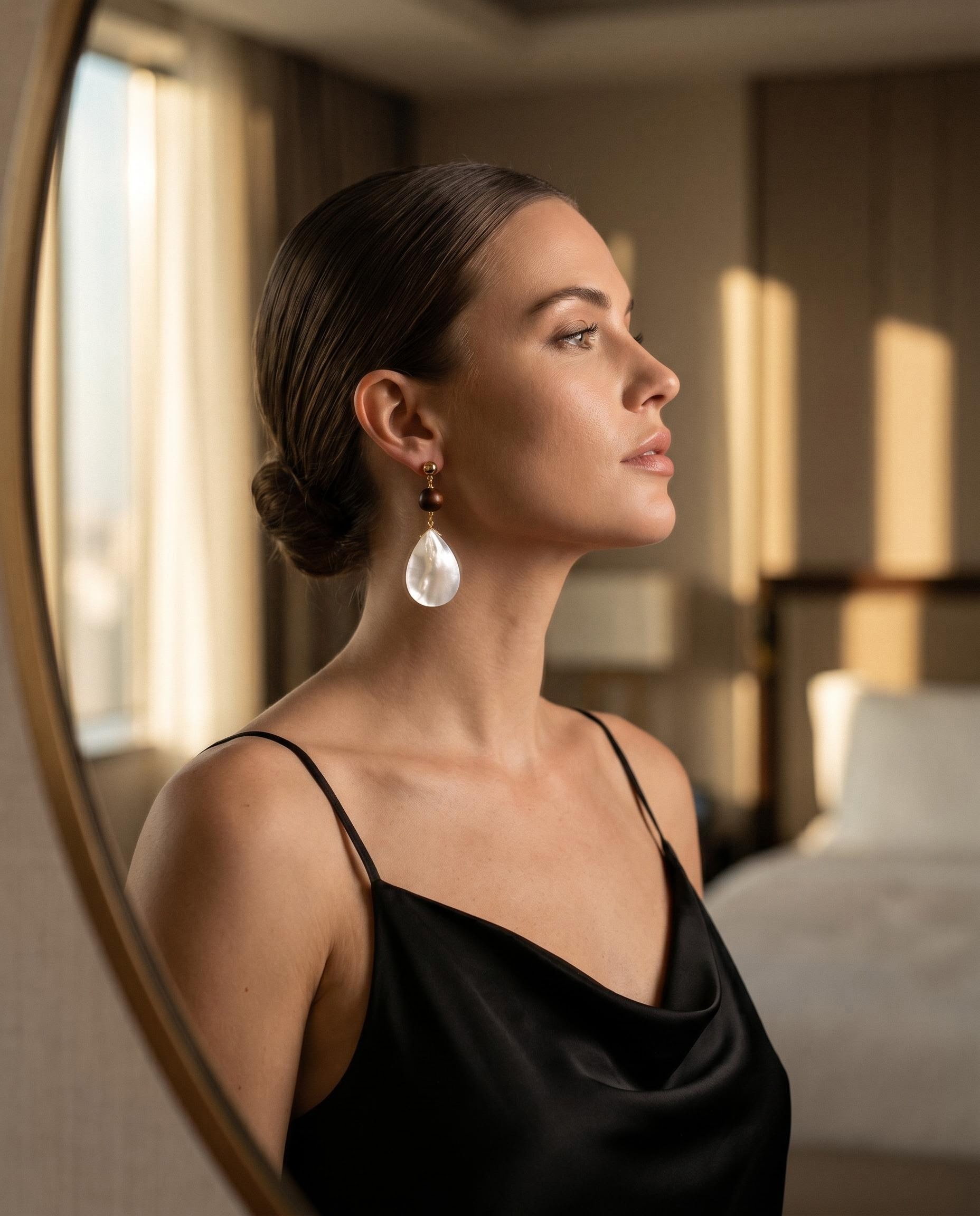 Gold-Tone Wood-Like Bead and Pearl-Like Teardrop Earrings