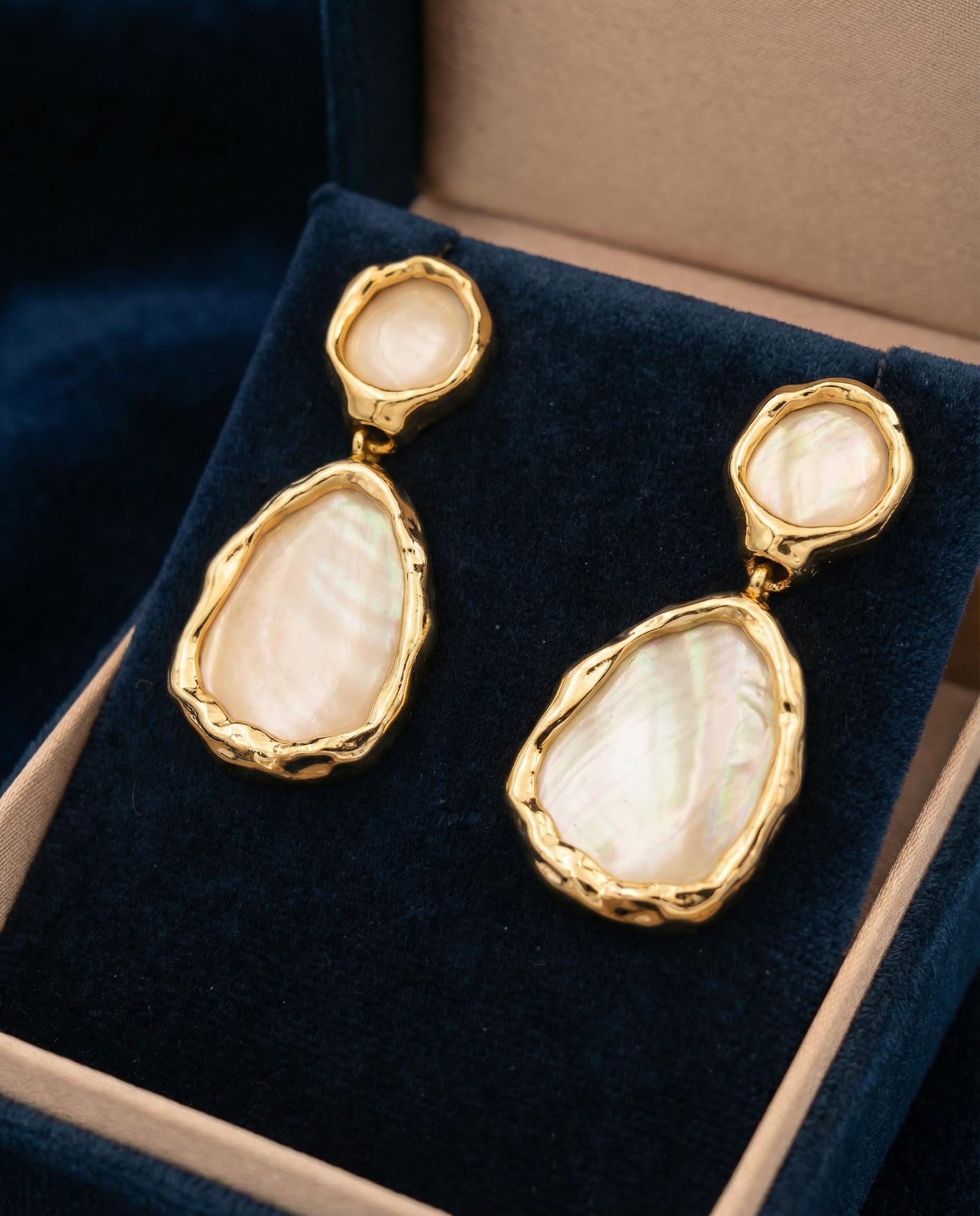 Double Mother-of-Pearl Drop Earrings – Organic Teardrops in Hammered Gold