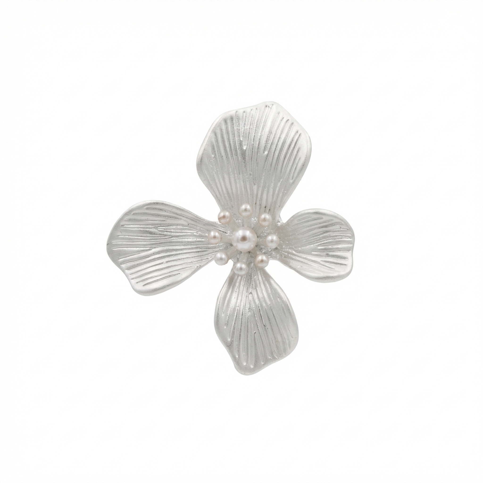 Textured Petal Stud Earrings with Seed Pearls – Minimalist Silver Floral