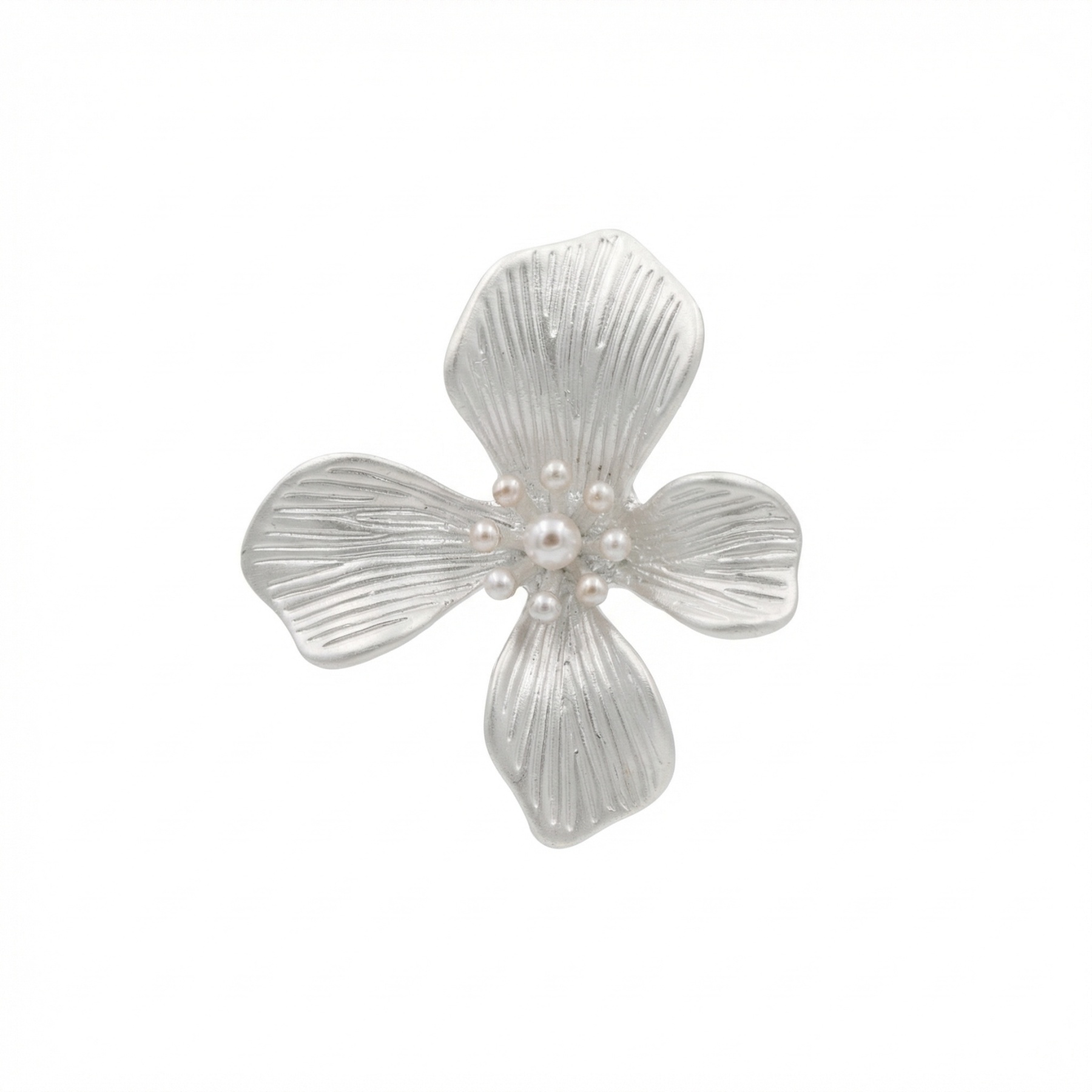 Textured Petal Stud Earrings with Seed Pearls – Minimalist Silver Floral