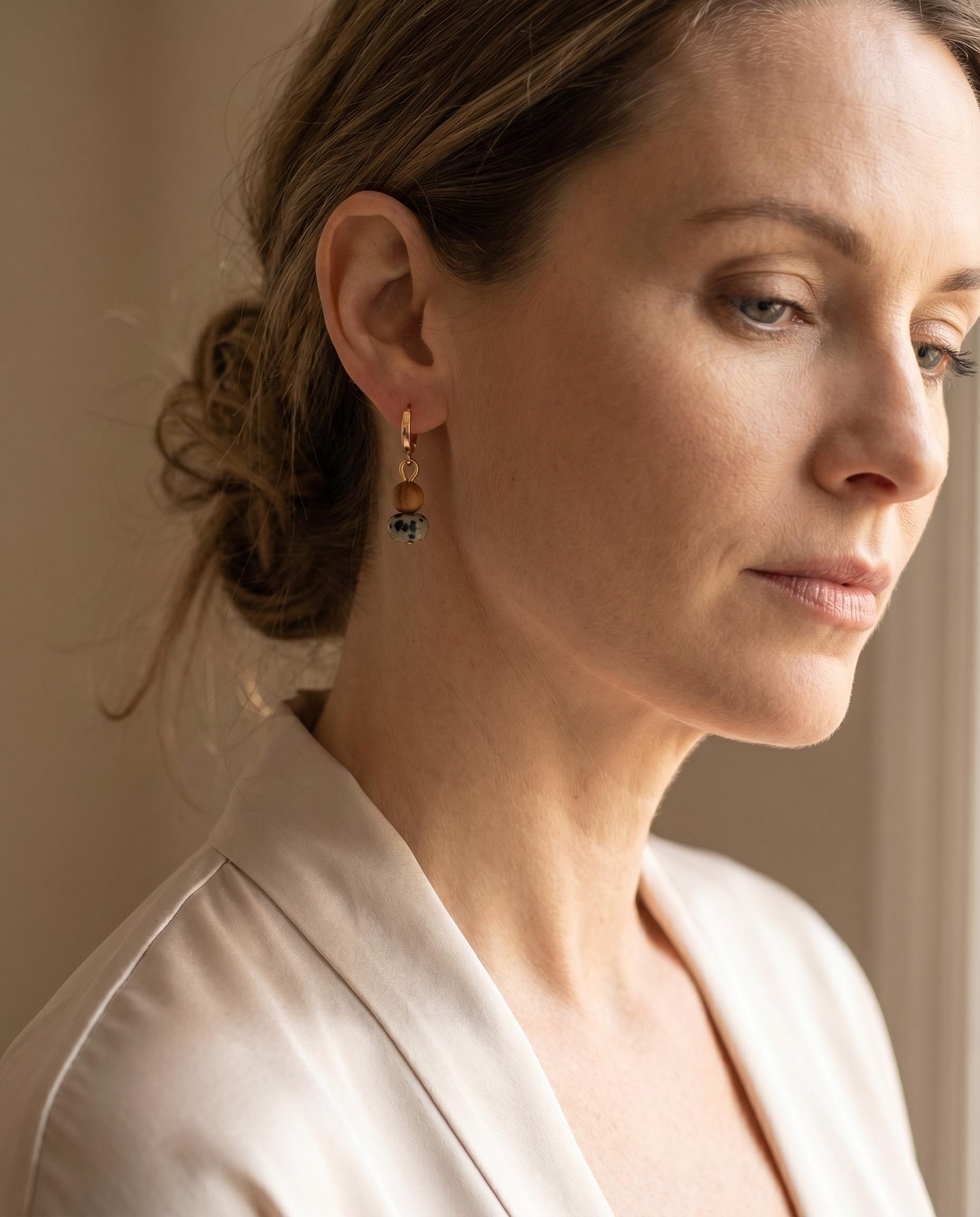 Gold-Tone Hoop Drop Earrings with Wood-Like and Spotted Beads