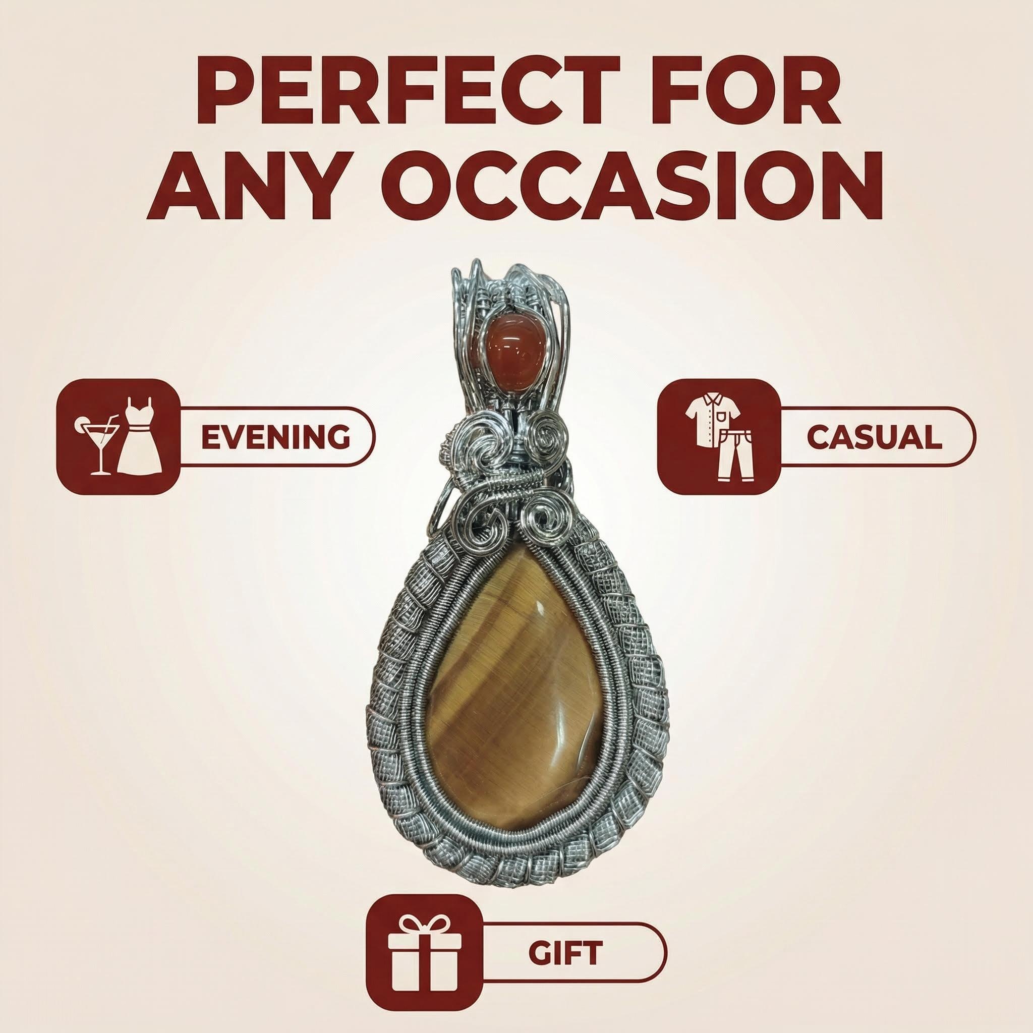 Dragon Pattern Copper Wire Wrapped Tiger‘s Eye Pendant - Ruby Accent & Vintage Glamour