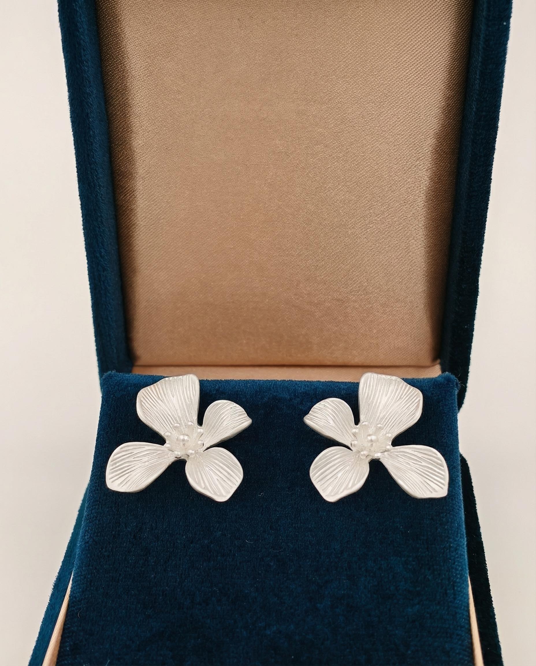 Textured Petal Stud Earrings with Seed Pearls – Minimalist Silver Floral