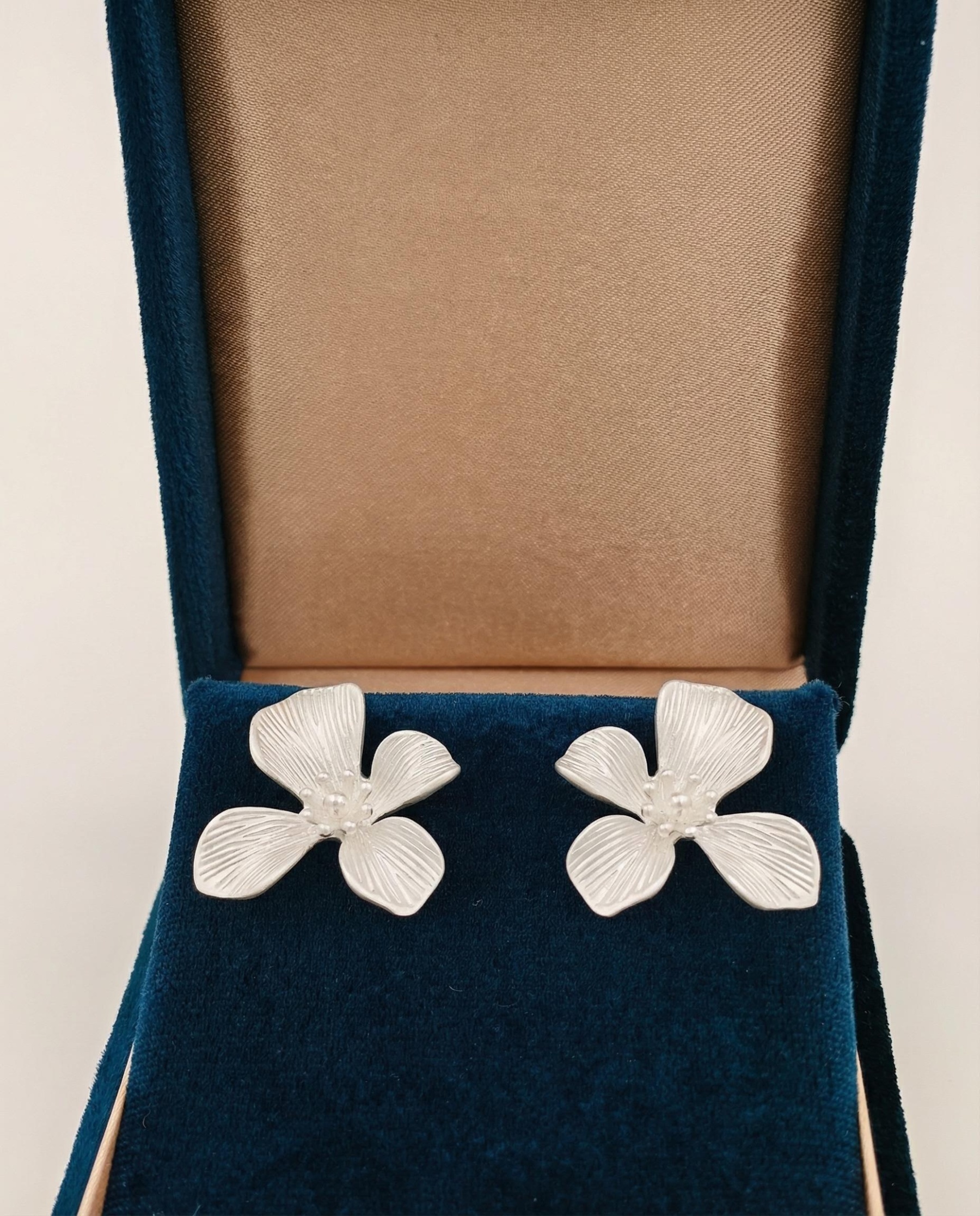 Textured Petal Stud Earrings with Seed Pearls – Minimalist Silver Floral