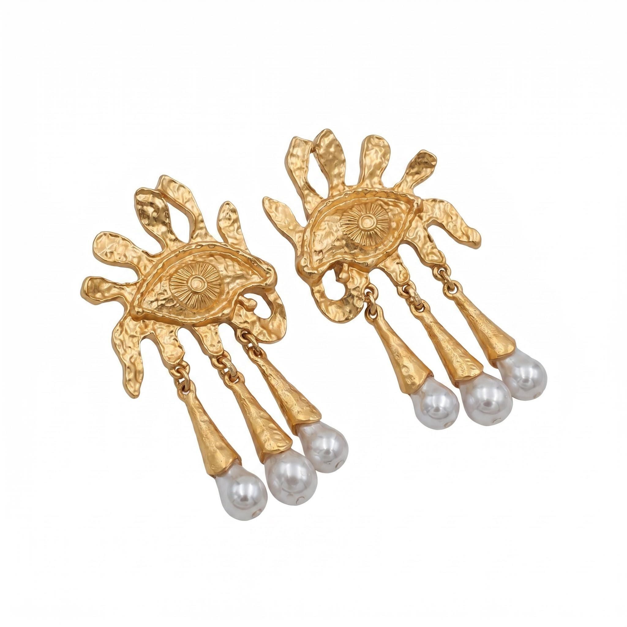 “Eye of the Sun” Hand-Forged Bohemian Tattoo Earrings – Gold with Pearl Tassels
