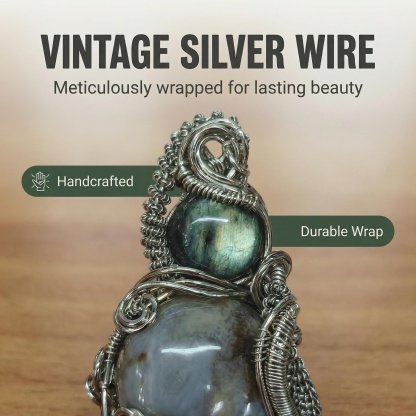 Double Gemstone Pendant with Labradorite & Crystal - Silver Wire Wrap & Unique Texture