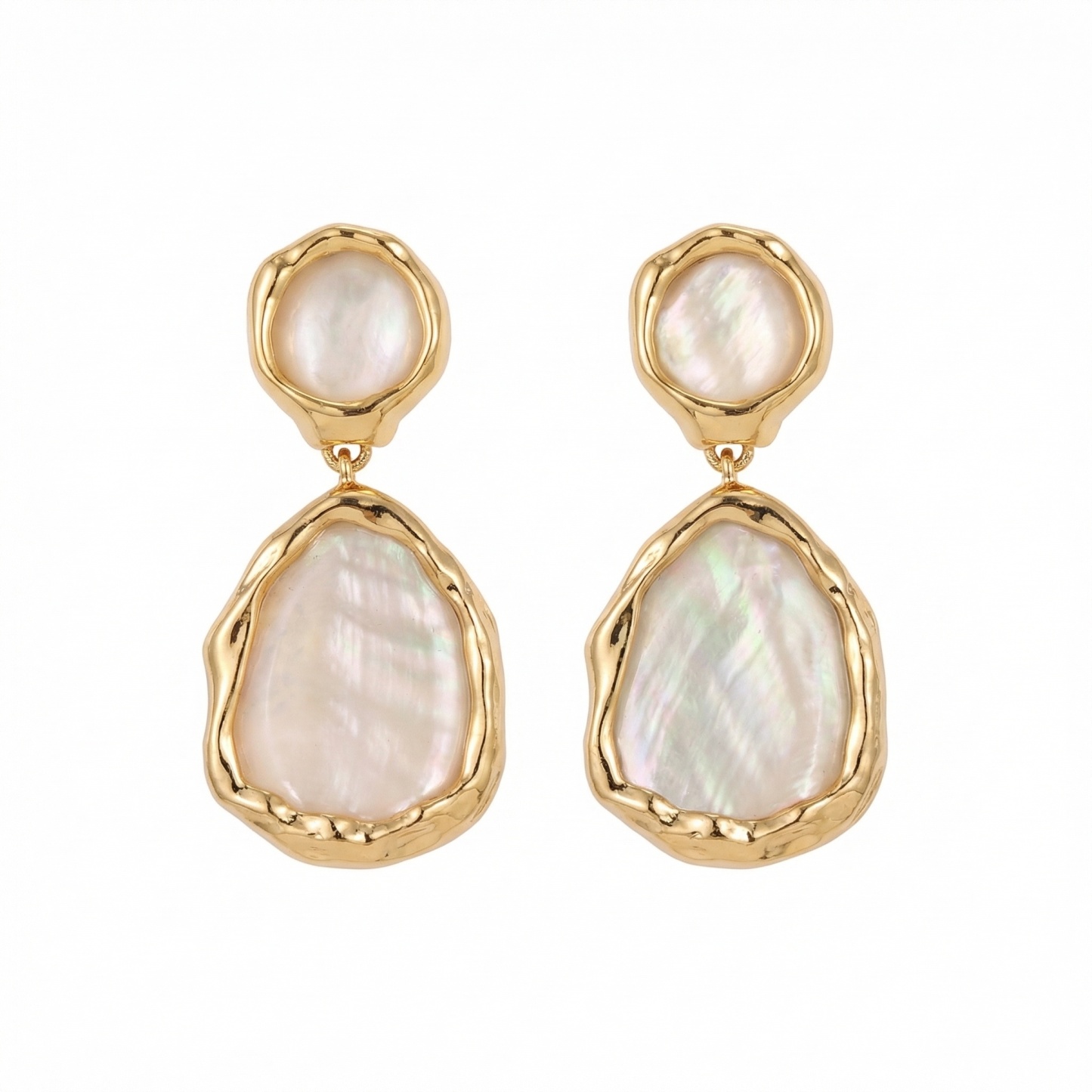 Double Mother-of-Pearl Drop Earrings – Organic Teardrops in Hammered Gold