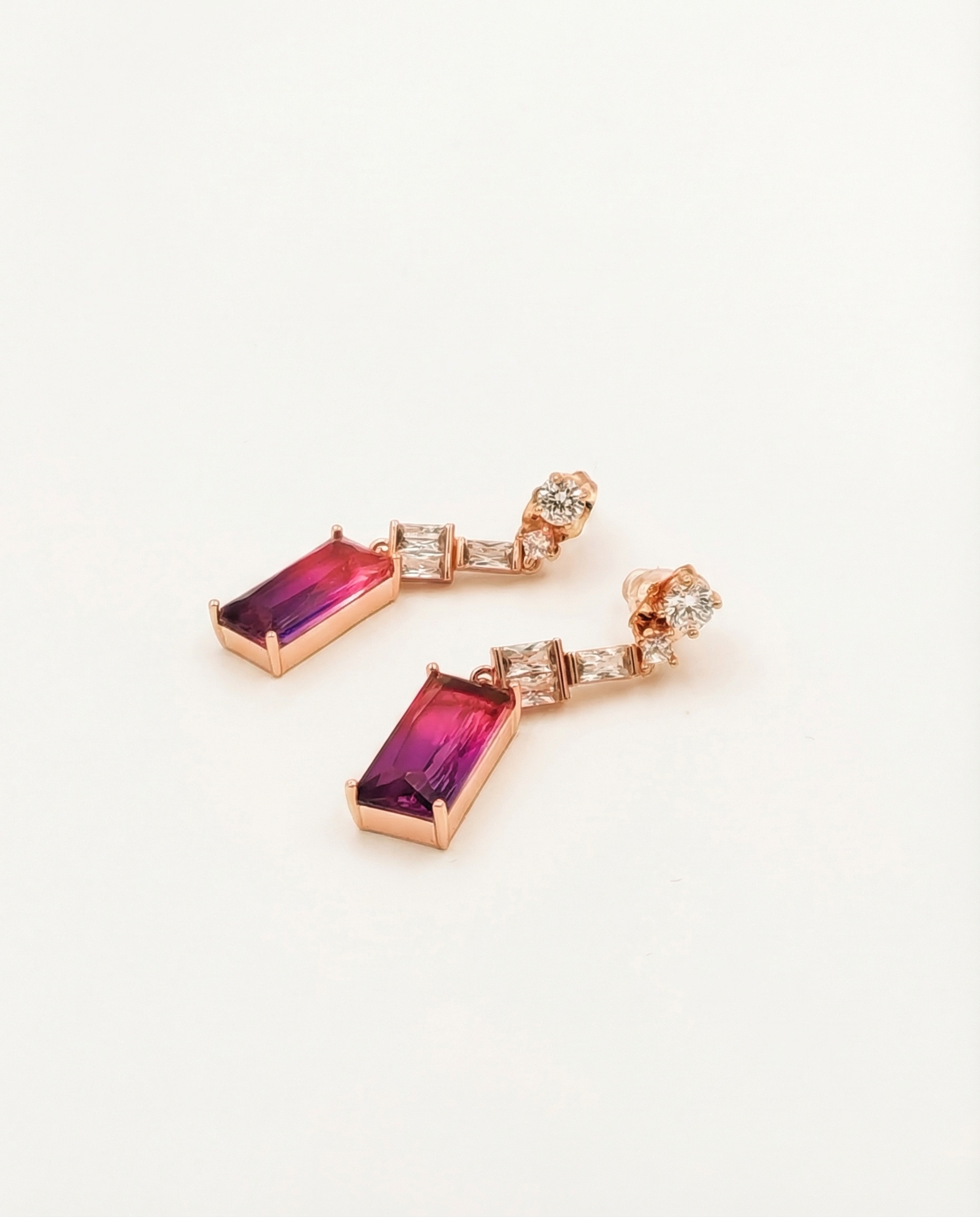 Handcrafted Amethyst & Diamond Layered Geometric Earrings – 14K Rose Gold