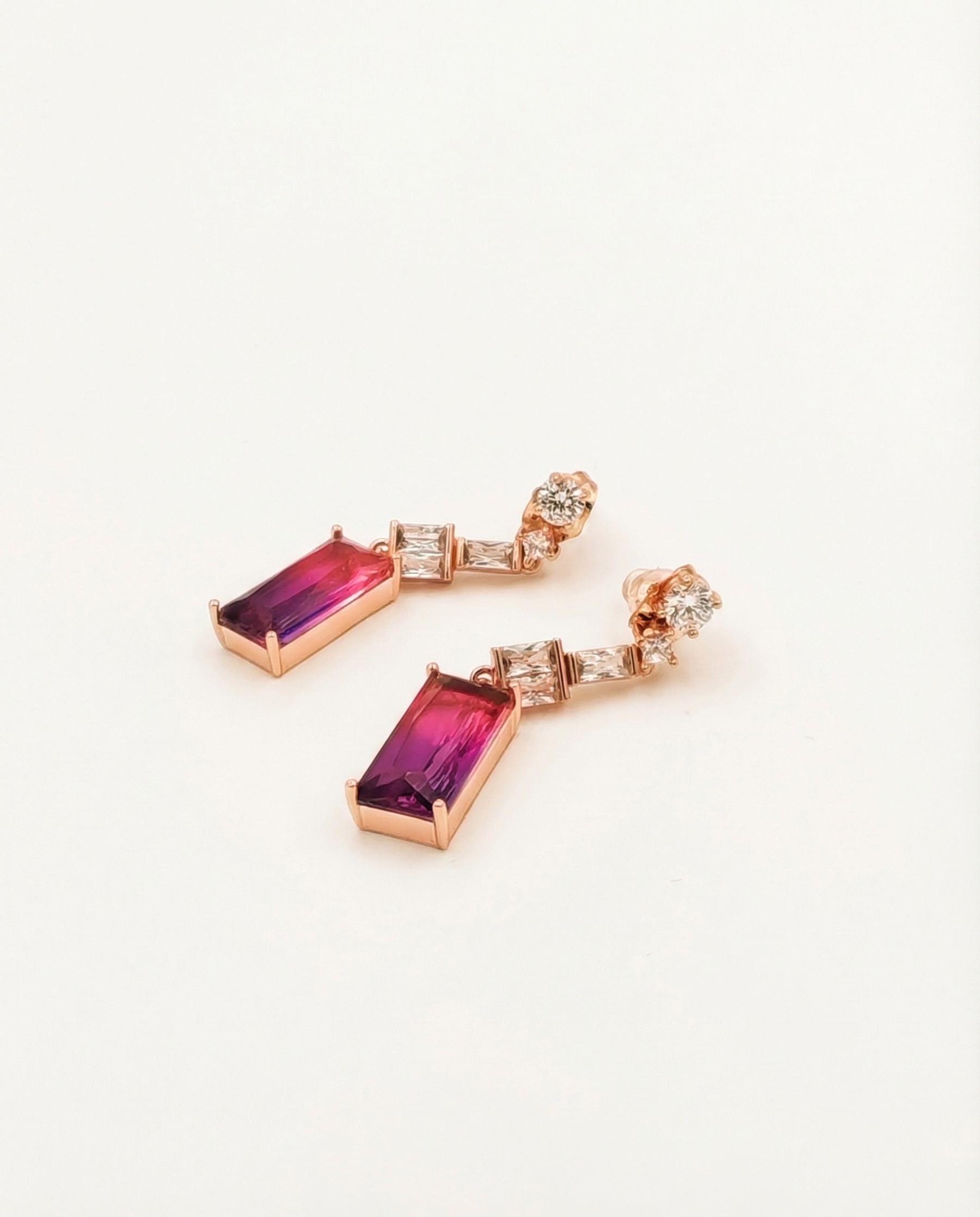 Handcrafted Amethyst & Diamond Layered Geometric Earrings – 14K Rose Gold