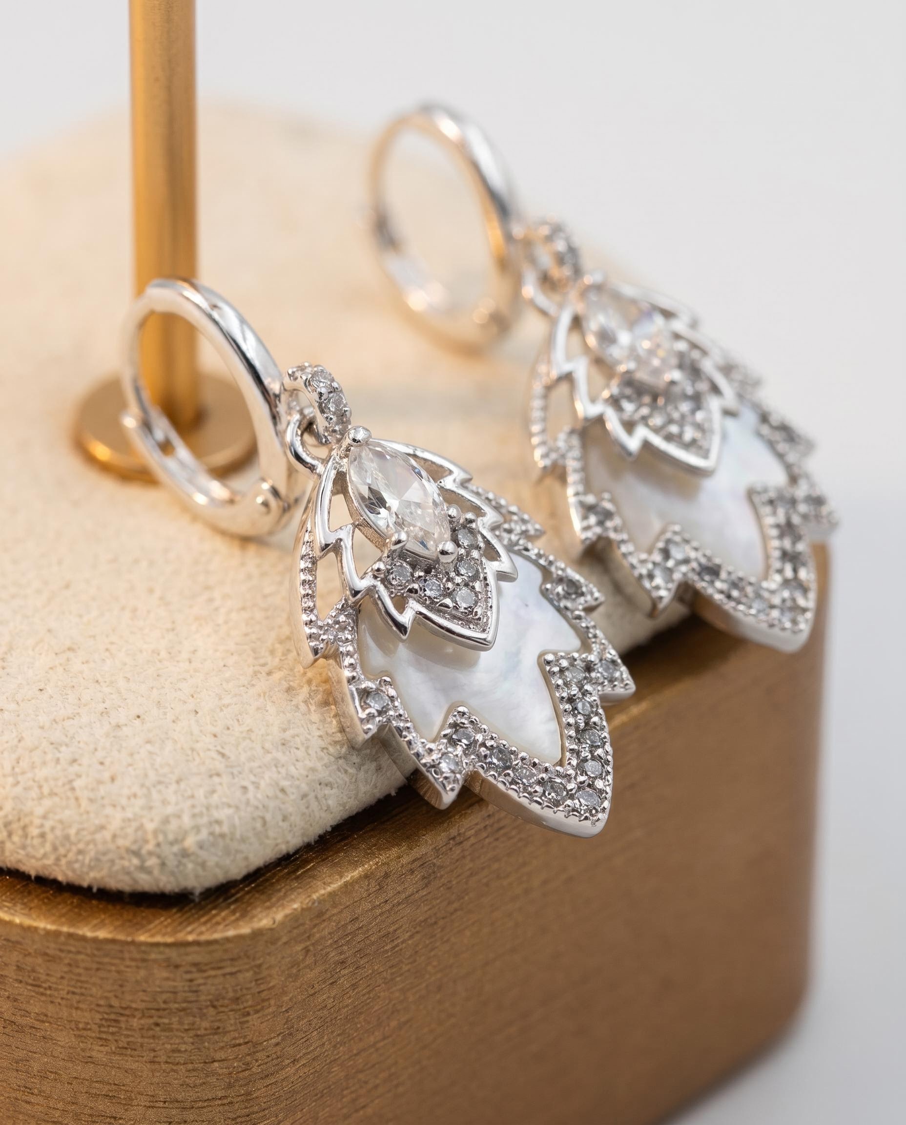 Silver-Tone Mother-of-Pearl-Inspired Leaf Drop Earrings