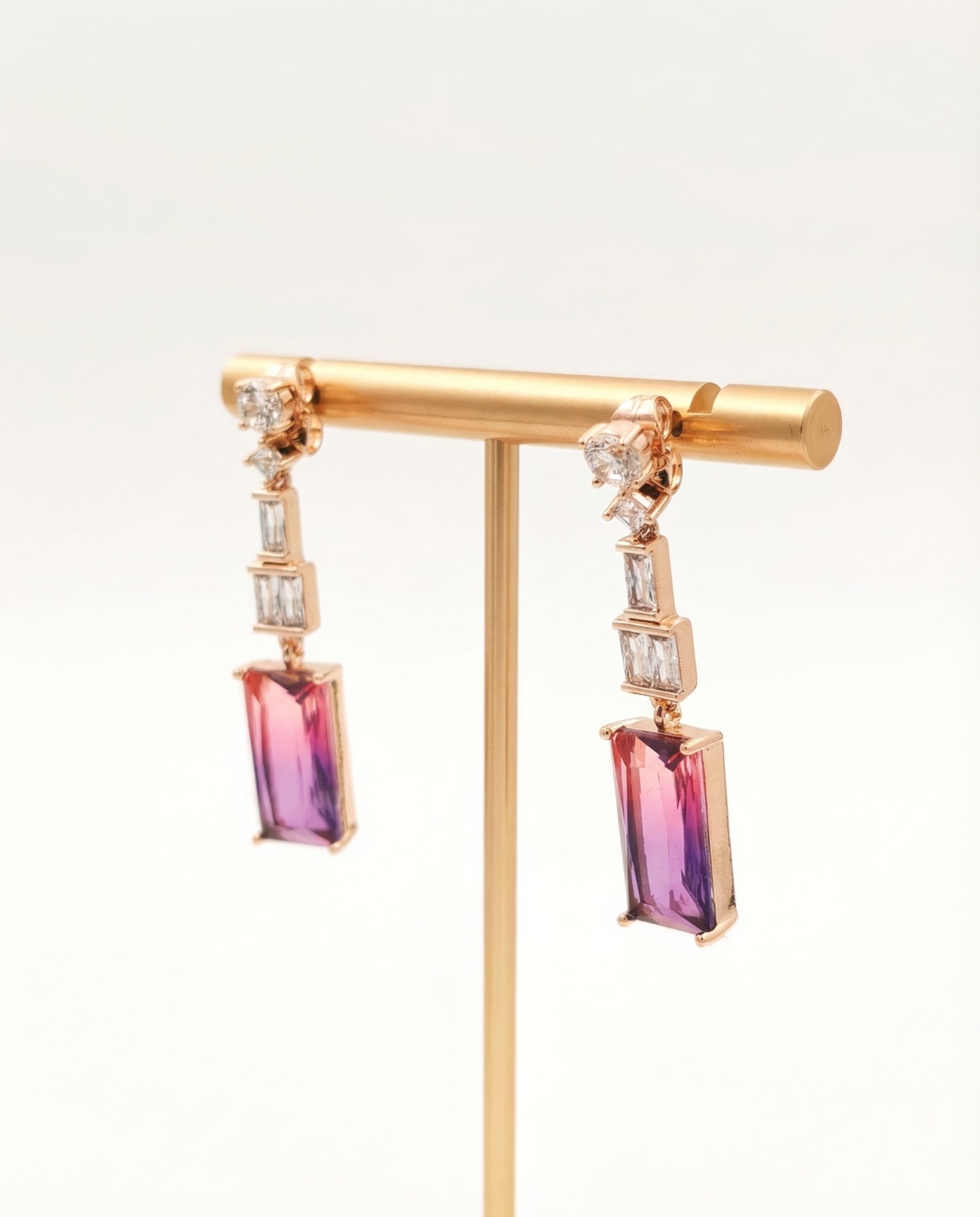 Handcrafted Amethyst & Diamond Layered Geometric Earrings – 14K Rose Gold