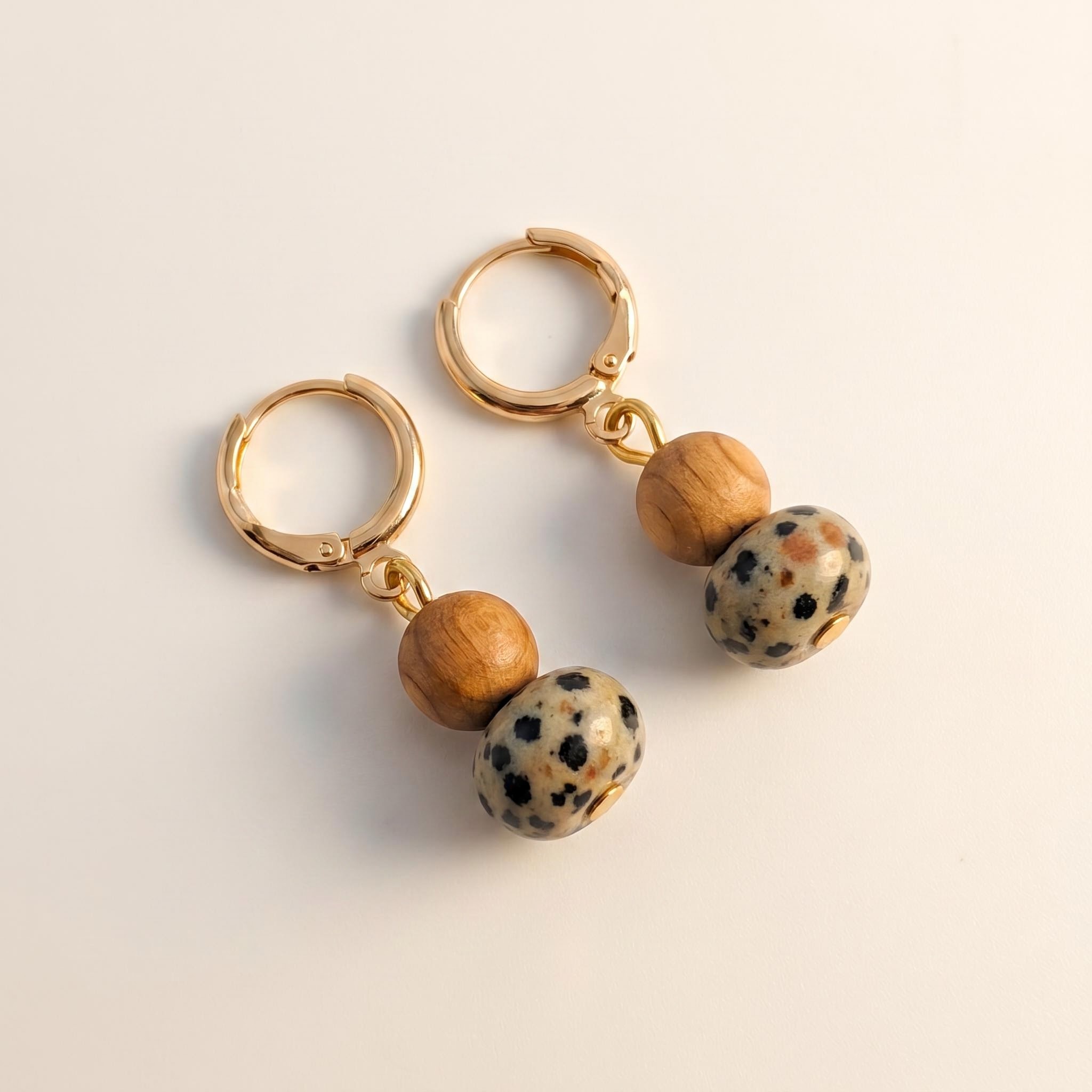 Gold-Tone Hoop Drop Earrings with Wood-Like and Spotted Beads