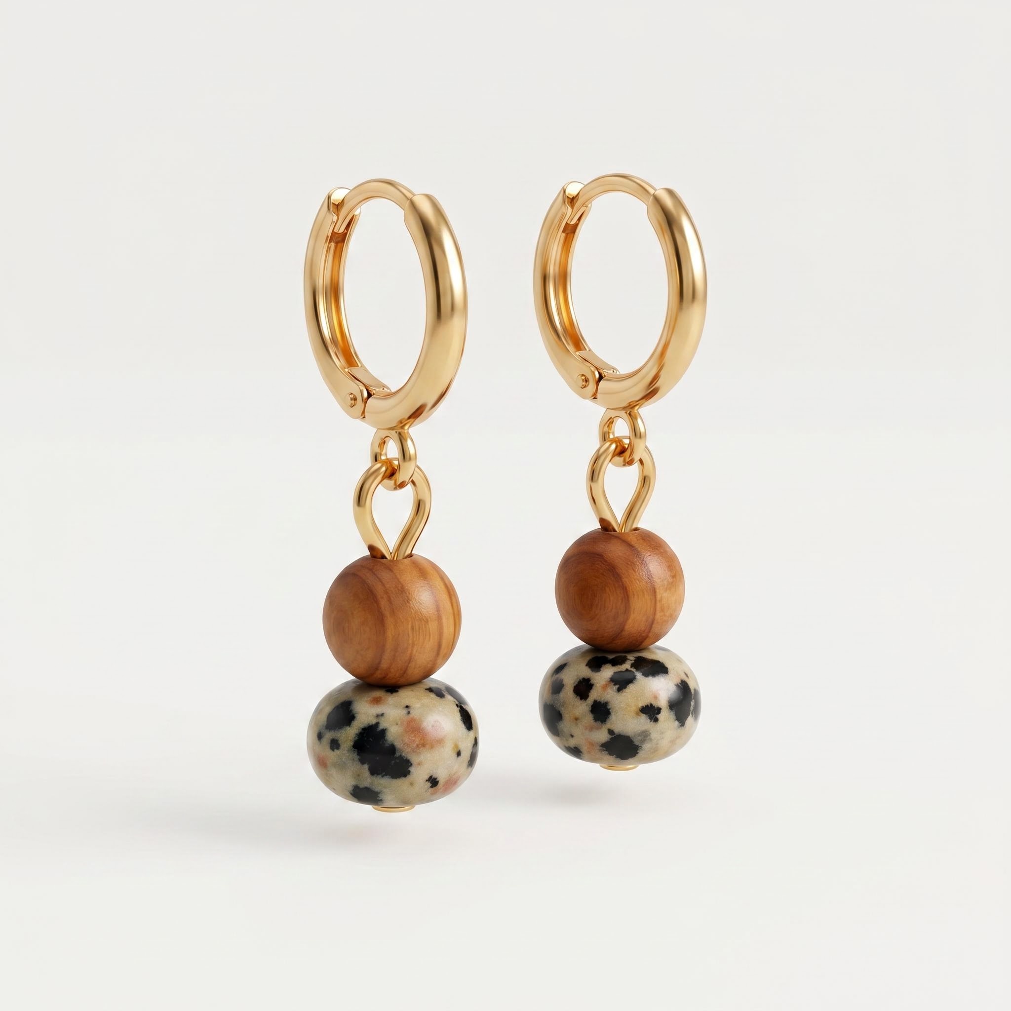 Gold-Tone Hoop Drop Earrings with Wood-Like and Spotted Beads