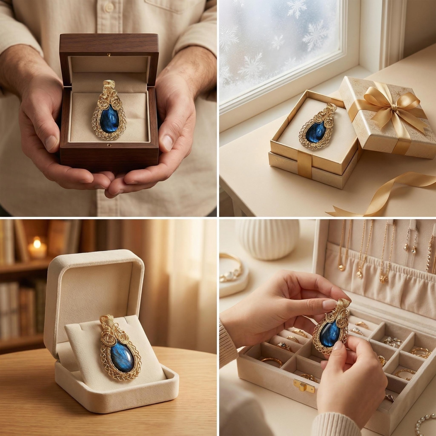 Hand-Wrapped Gold-Plated Copper Wire and Deep Blue Labradorite Pendant - Unique Artisan Craft